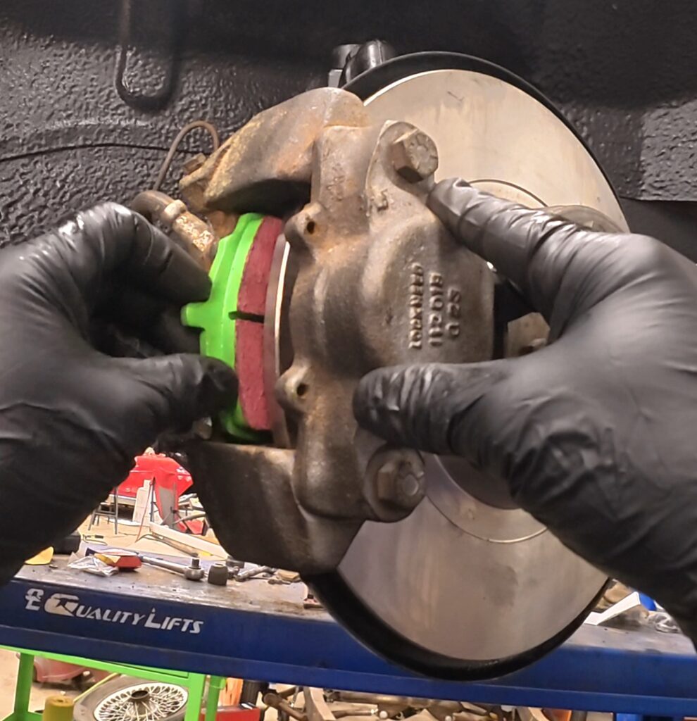 Installing EBC brake pads in an MGB GT brake caliper