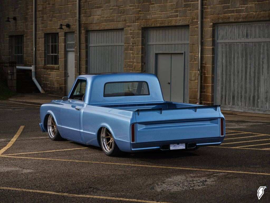 rear quarter shot of a custom chevy c10 truck