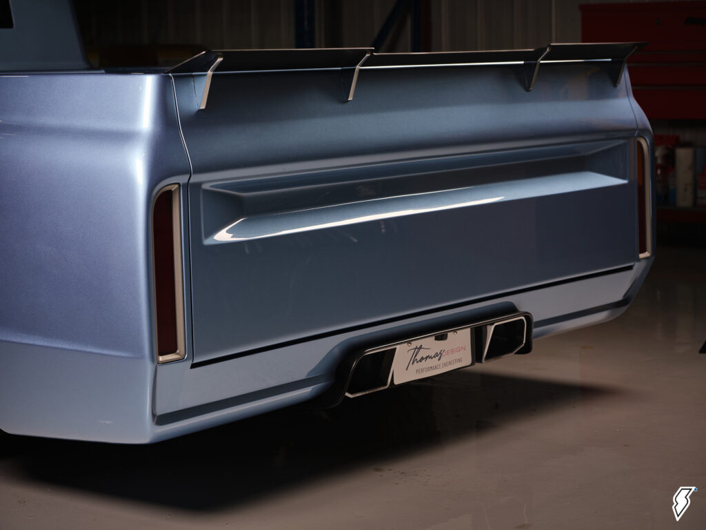 Rear tailgate view of a custom Chevy C10